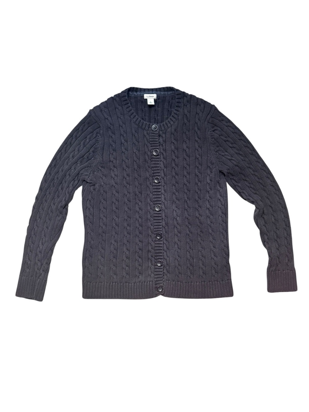 L.L.Bean Women’s L black 100% Cotton Cable Knit Cardigan Sweater - Picture 2 of 9